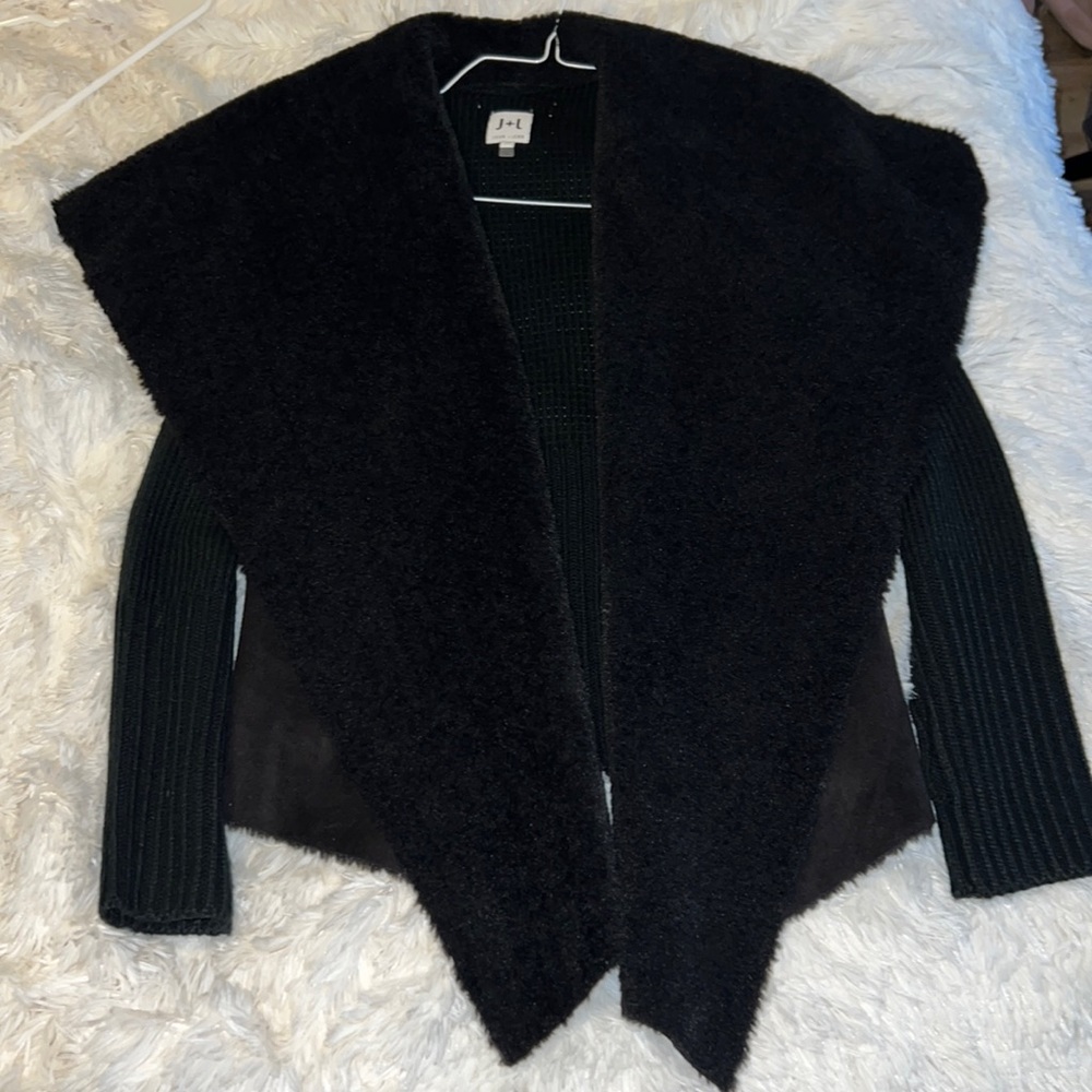 JOHN + JENN black sweater with faux fur trim, size small